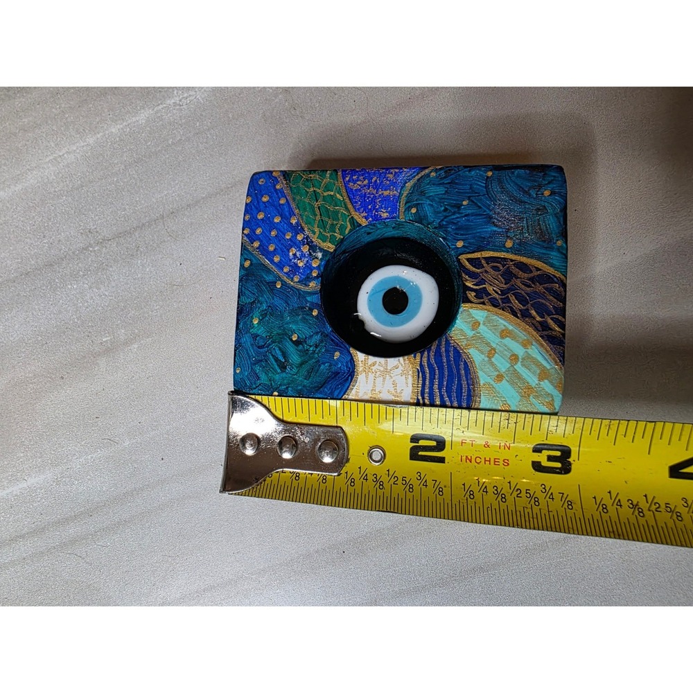 Hand Painted Wooden Evil Eye Nazar Decor Blue Gold Abstract Signed Art Block F1 - Picture 3 of 16